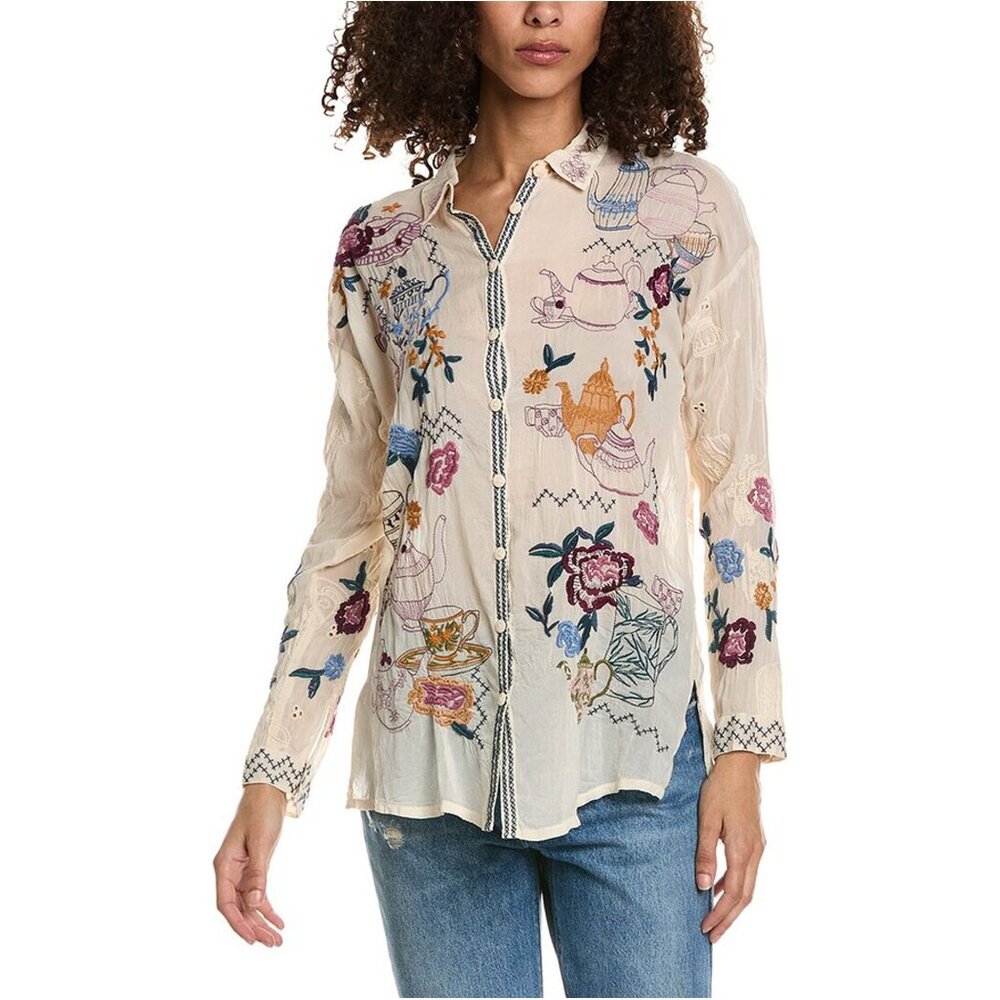 Johnny Was Tea Time Blouse Top Button Shirt Long Embroidery Floral White NEW